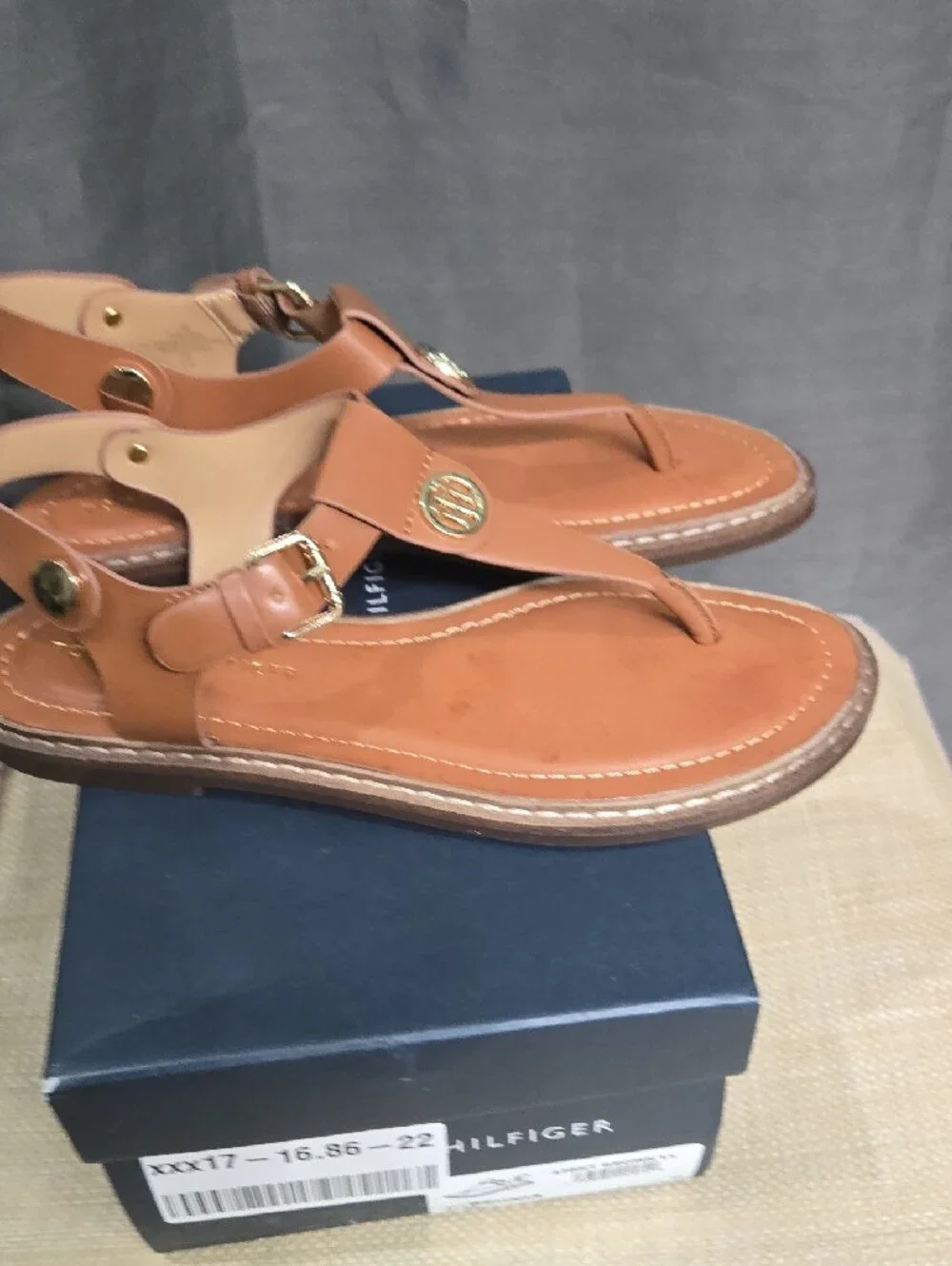 Tommy Hilfiger Cognac Brown Leather T-Strap Sandals with Gold Logo